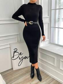 EURMUSE Mock Neck Ribbed Knit Bodycon Sweater Dress - Black - View 4