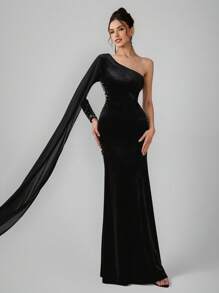 SHEIN Belle Plus Size Women's Elegant Knitted Black Velvet Splicing Beaded Waist Fitted Formal Evening Dress Gown, Long Sleeve Prom Dress, For Wedding Guest, Graduation, Dinner - Black - View 3