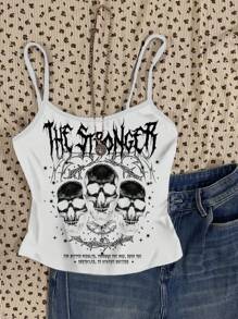 SHEIN EZwear Camiseta sin mangas ajustada blanca con estampado de calavera, adecuada para el verano