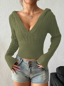 Lunelith SHEIN Lunessa Damski sweter z kapturem i długim rękawem w jednolitym kolorze, z wzorem kablowym