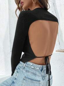 INAWLY Women Solid Color Backless Round Neck Long Sleeve Cropped Sweater, Autumn/Winter Knit Pullover Fall Outfit - Black - View 3