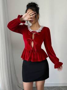 SHEIN Unity Samt Taillenraffung Langarm Damen Bluse, Winter Kleidung für Neujahr - Rot - Übersicht 4