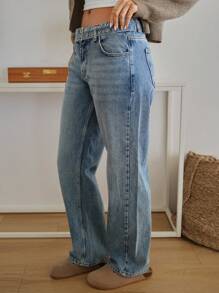 RueChic WOMEN STRAIGHT LOW WAIST BELTED DETAIL JEANS - Medium Wash - View 2