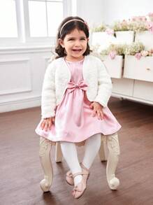 SHEIN Fern Glow  Babygirl Autumn/Winter Cute Satin Sleeveless Dress With Elastic Waist & Fluffy Jacket Outerwear - White - View 1