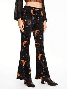 ROMWE Hippie Women Hippie Star & Moon Print Velvet Flare Pants