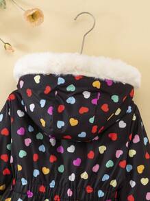 SHEIN Young Girl Winter Warm Thermal Lined Hooded Jacket With Waist Belt, Digital Heart Print, Windproof Outerwear For 4-7 Years Old - Multicolor - View 4