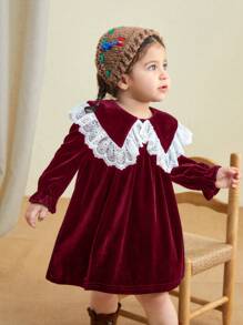 SHEIN LMoss Kids LMoss Baby Girls Autumn Elegant Stretchy Velvet & Contrast Lace Peter Pan Collar Dress For Christmas - Burgundy - View 1
