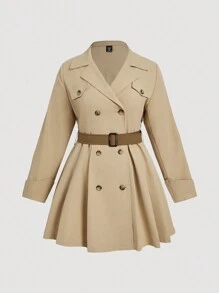 SHEIN MOD Plus Size Khaki Vintage Color Block Tie Waist Pleated Hem Long Women Trench Coat, Elegant Office Trench Coat - Khaki - View 1