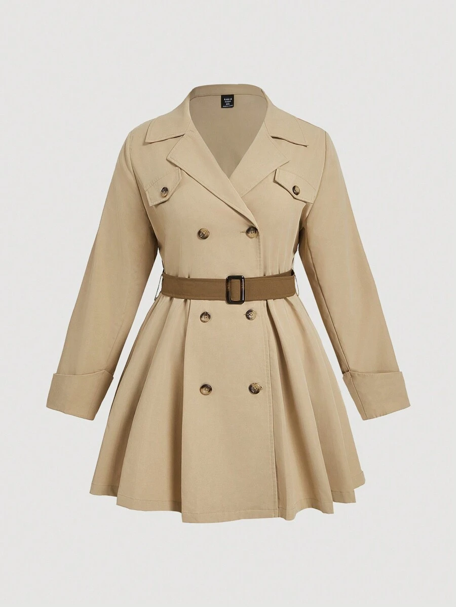 SHEIN MOD Plus Size Khaki Vintage Color Block Tie Waist Pleated Hem Long Women Trench Coat, Elegant Office Trench Coat - Khaki - View 1