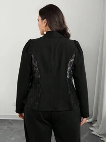 Modelyn Plus Size Solid Color Button Front Long Sleeve Lace Patchwork Casual Outerwear - Black - View 2