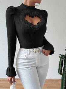 Chiquease Casual Solid Color Hollow Out Heart Design Flared Sleeve Fitted Sweater, Autumn/Winter - Black - View 3