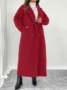 SHEIN Unity Plus Size Women's Double-Breasted Notched Collar Casual Elegant Long Overcoat For New Year Clothes, For Winter - Red - View 5