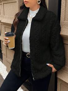 SHEIN Frenchy Plus Size Women's Casual Simple Fluffy Long Sleeve Jacket,Winter Clothes - Black - View 18