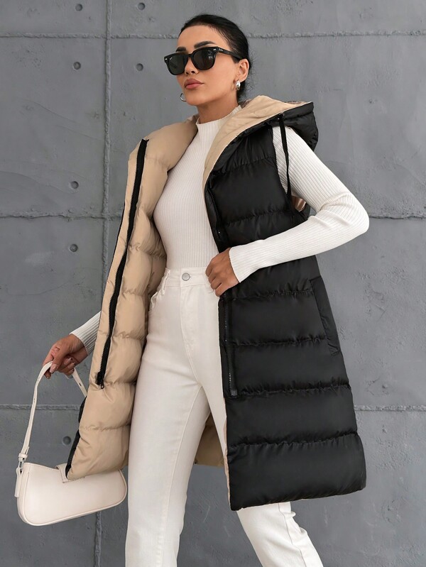 SHEIN PETITE Puffer-Steppweste mit Reißverschluss, Kordelzug-Kapuze in Petite-Größe