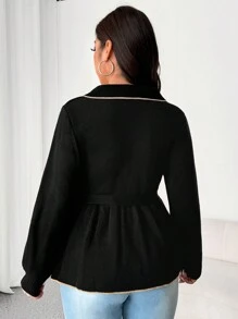 Calvaya Plus Size French Collar Button Waisted Flared Cardigan, For Autumn/Winter Fall Cloth For Women