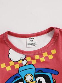 2pcs Young Boys Red Simple Train Print Long Sleeve Snug Fit Lounge Set - Red - View 8