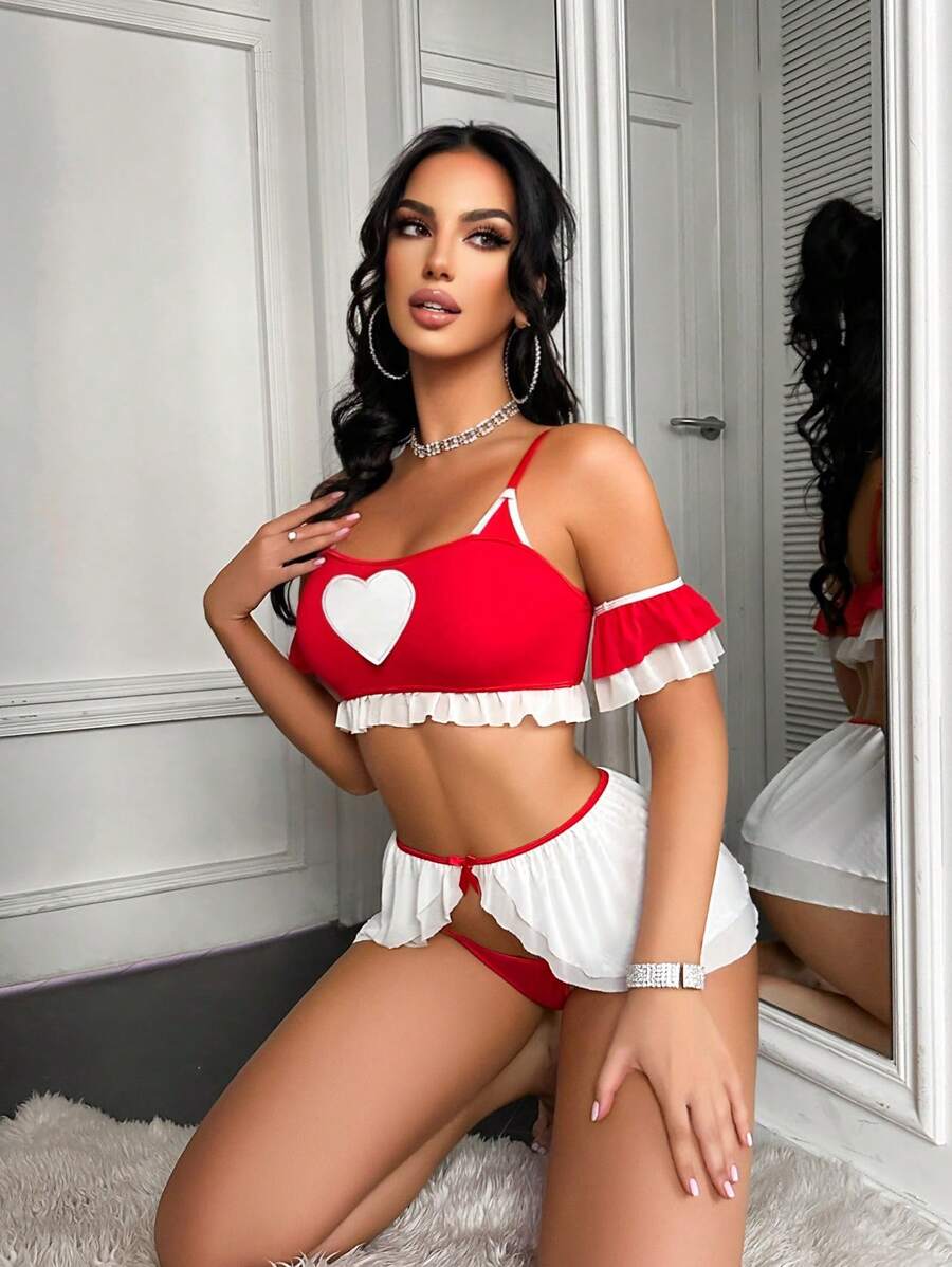 5 件/套女式内衣套装：心形刺绣上衣 + 裙子 + 裤子 + 2 条臂章，性感服装 - 紅白色 - 查看 1