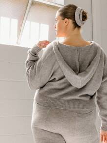 Aralina Chaqueta tipo bomber de punto con cremallera y capucha acanalada de color gris jaspeado con scrunchie a juego