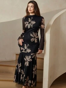 Revavyn Váy bó sát màu đen họa tiết hoa phong cách Pháp thanh lịch có tay loe và chi tiết lưới dành cho nữ thanh lịch - Nhiều màu - Xem 3