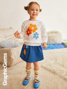 2 件套年轻女孩花卉印花圆领开叉长袖上衣和裙子 - 彩色 - 查看 4