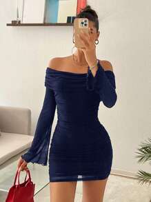 SHEIN EZwear 女士露肩喇叭袖短款连衣裙 - 藏蓝色 - 查看 4
