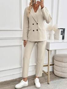 SHEIN LUNE 2pcs All-Match Essential Double-Breasted Jacket & Pants Suit, Casual And Commuter Friendly - Apricot - View 3
