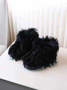 1 双女童时尚毛绒冬季雪地毛绒靴，加厚保暖内衬 - 黑色 - 查看 1