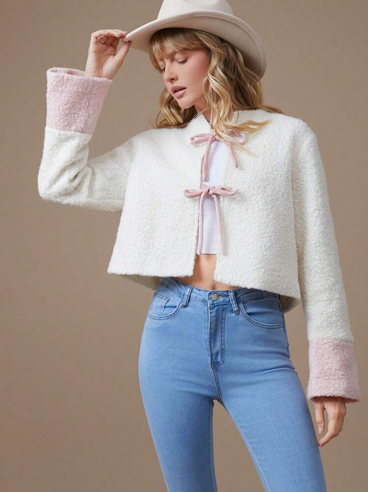 WESTFADE Chaqueta de manga larga con bloque de color de dos tonos, moño y forro de Sherpa estilo occidental - Blanco - Añade 6