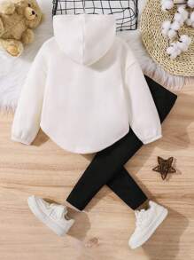 2 piezas - Conjunto de niña joven con sudadera con capucha con gráfico lindo de gato y pantalones acampanados de punto ajustados