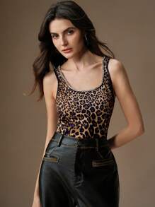 Anewsta 1 Peça Regata Feminina Elegante com Aplicação de Strass Estampa de Leopardo, Camiseta Feminina com Estampa de Guepardo