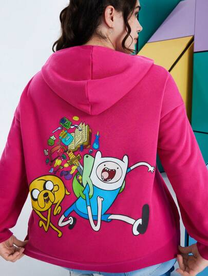 ADVENTURE TIME X SHEIN Plus Size Women Casual Cartoon & Letter Print Drop Shoulder Loose Hoodie Sweatshirt, Autumn/Winter