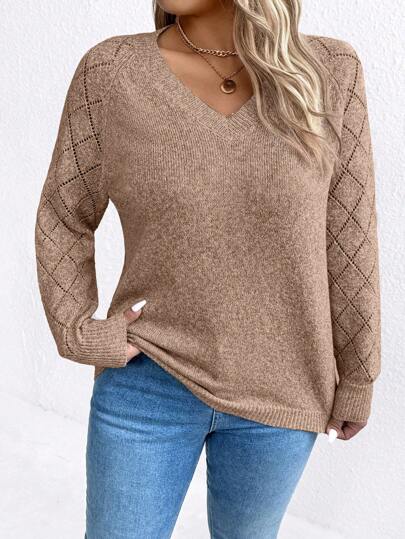 SHEIN LUNE Chandail confortable à manches longues, à col en V, avec imprimé floral, en grande taille