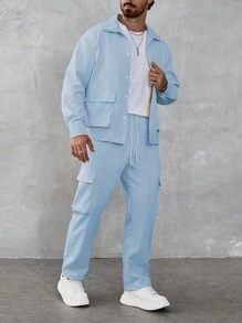 Manfinity CasualCool Men's Solid Color Front Button Pocket Long Sleeve Jacket And Drawstring Waist Long Pants Set - Blue - View 1