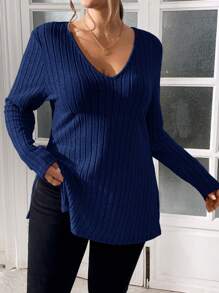 SHEIN Essnce 大码女式秋季长袖 T 恤，长袖 T 恤，长袖女式上衣，冬装，高个子女式，女式开衩上衣，冬季上衣，圣诞衬衫，秋装，秋季女式上衣，针织衬衫，秋季衬衫，长袖女式 - 藏蓝色 - 查看 4