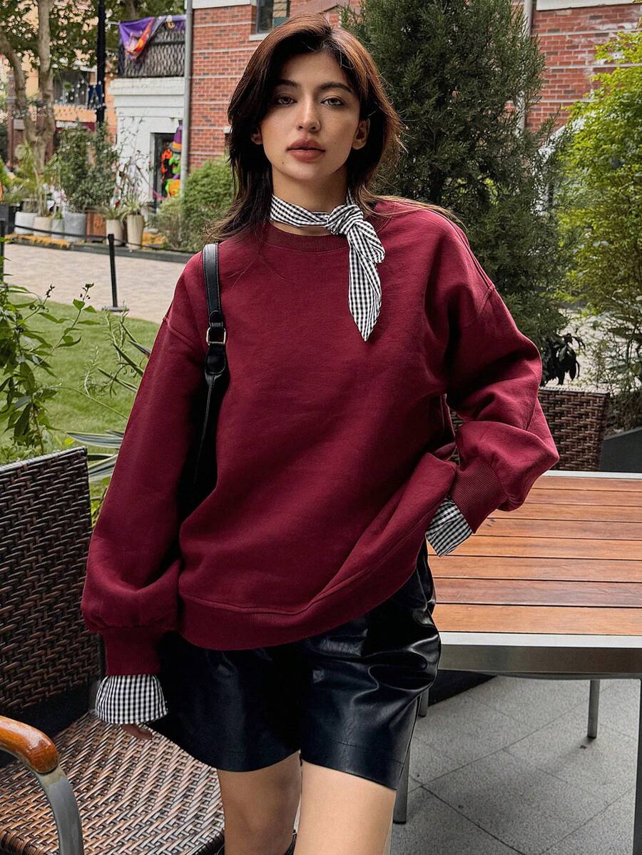 DAZY 格子蝴蝶结领宽松长袖保暖内衬女式圆领卫衣，秋季女装嘉年华 - 酒紅色 - 查看 1