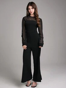 Teen Girl Elegant Party Prom Faux Pearl & Mesh Contrast Jumpsuit