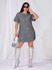 SHEIN ICON Vestido corto de manga corta con cuello redondo y lentejuelas, de moda para tallas grandes, de verano