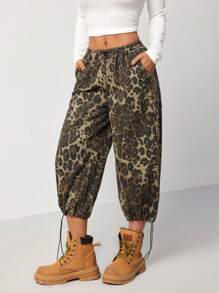 SHEIN EZwear Women's Casual Loose Leopard Print 3/4 Length Cotton Jeans - Multicolor - View 5