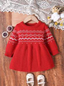 SHEIN Baby Girls' Round Neck Pullover Fair Isle Knit Cute Sweater Dress - Red - View 1