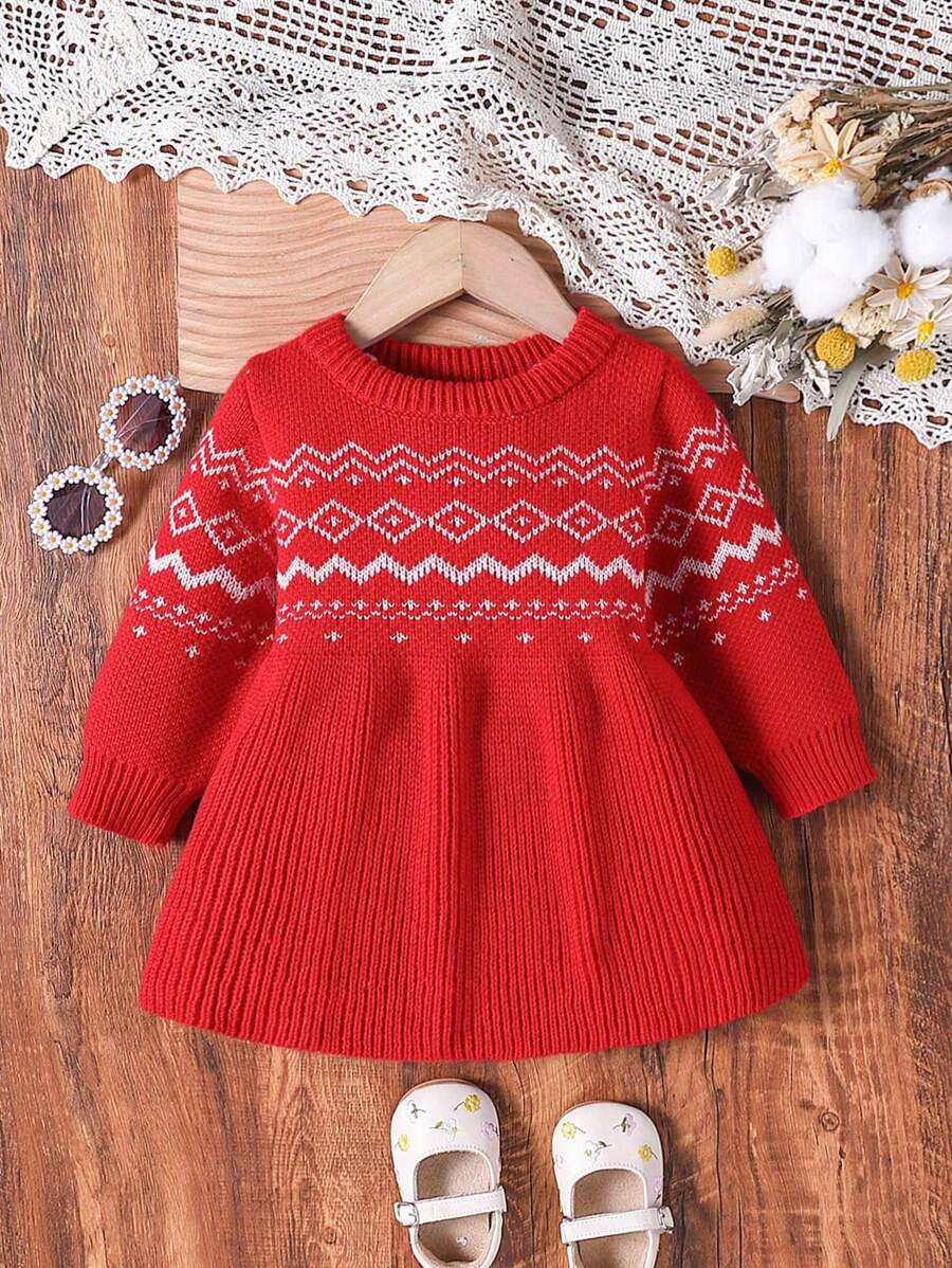 SHEIN Baby Girls' Round Neck Pullover Fair Isle Knit Cute Sweater Dress - Red - View 1