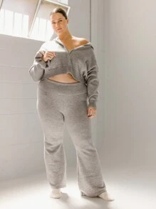 Aralina Pantalones de punto de pierna ancha con cintura plegable en talla grande, color gris jaspeado, para invierno