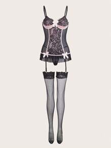 PinupGlam 4pcs Vintage Lace Patchwork Big Bow Sexy Bustier For Women, Music Festival And Party