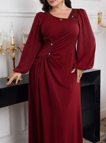 Modelyn Váy dài tay thanh lịch cổ bẻ xếp nếp màu trơn cỡ lớn cho Giáng sinh, Váy đỏ tía cỡ lớn, Váy thanh lịch cỡ lớn, Váy dạ hội dài màu đỏ cỡ lớn - Màu Đỏ Sâu - Xem 3