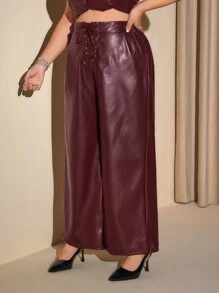 SHEIN ICON Pantaloni diritti in poliuretano da donna con laccetti frontali, colore rosso vino, per l'inverno, taglie comode - Bordò - Visualizzare 6