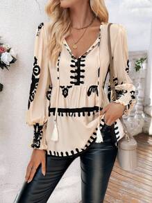 Chiquease Áo sơ mi dài tay in họa tiết lấy cảm hứng từ kỳ nghỉ dành cho nữ Áo peplum - Màu be - Xem 7