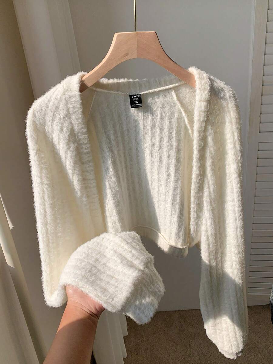 Comfortcana Plus Size Women Solid Color Cropped Furry Cardigan, Autumn/Winter Fall - White - View 1