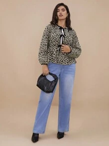 SHEIN VCAY Áo len cardigan dáng rộng họa tiết da báo thắt nơ cỡ lớn cho nữ, mùa thu/đông - Nhiều màu - Xem 3