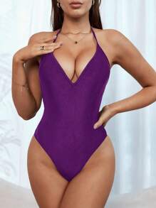 SHEIN Swim 1 bộ đồ bơi liền thân hở lưng màu trơn gợi cảm cho nữ mùa hè - Màu tím - Xem 3