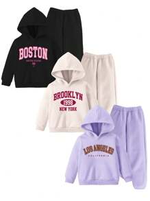 SHEIN Explorewe 3 件套年轻女孩休闲字母标语印花连帽衫运动衫和运动裤套装，时尚简约 - 彩色 - 查看 1