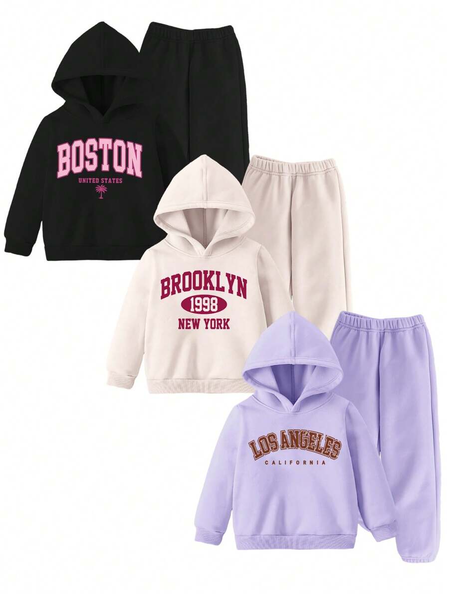 SHEIN Explorewe 3 件套年轻女孩休闲字母标语印花连帽衫运动衫和运动裤套装，时尚简约 - 彩色 - 查看 1